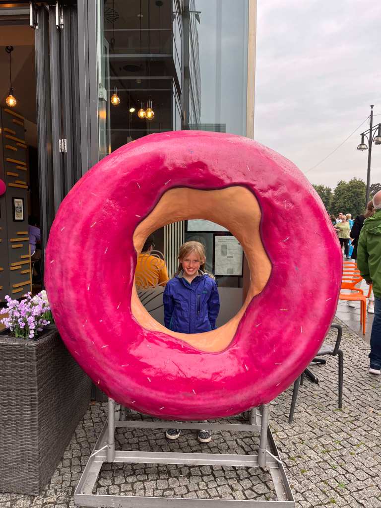 Schatzi inside giant fake donut